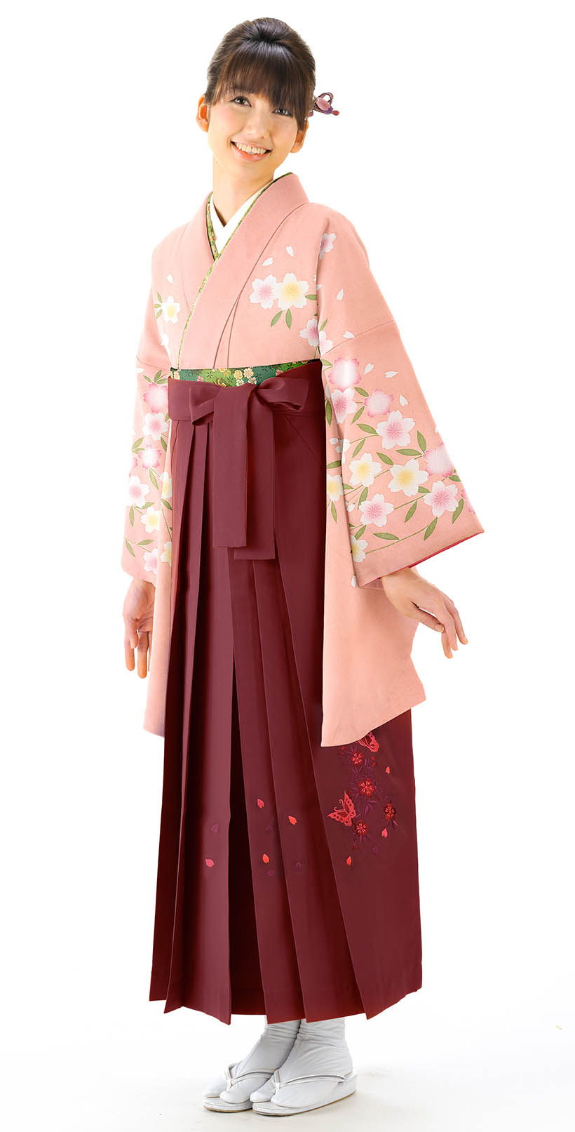 レンタル袴 着物 サーモンピンク 違い桜 エンジ 桜蝶刺しゅう 小振袖 先生にもおすすめ小振袖 スタンダードライン 袴レンタルは晴れ着の丸昌 卒業時装 卒業袴 ハカマ 全国宅配送料無料