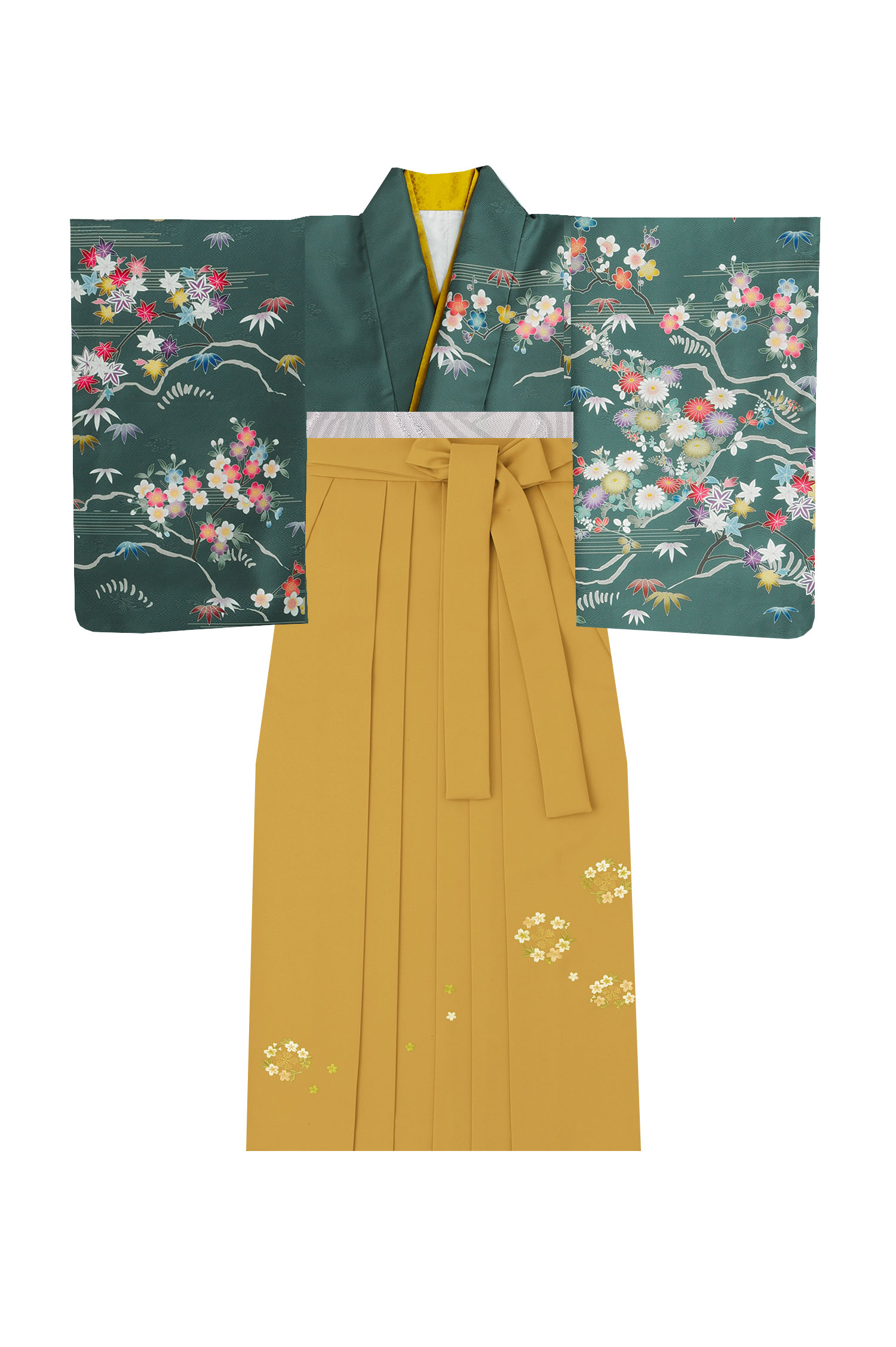 訪問着＊袷着物 長尺 重ね雪輪に四季の花 卒業式 緑色 正絹 25H08
