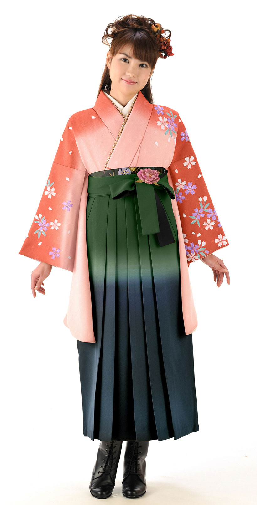 レンタル袴 着物 ピンクサーモン 桜つづれ グリーン 紺 二色ボカシ 小振袖 丸昌のはかま 小さめサイズあり 小学生にもおすすめ スタンダードライン 袴レンタルは晴れ着の丸昌 卒業時装 卒業袴 ハカマ 全国宅配送料無料