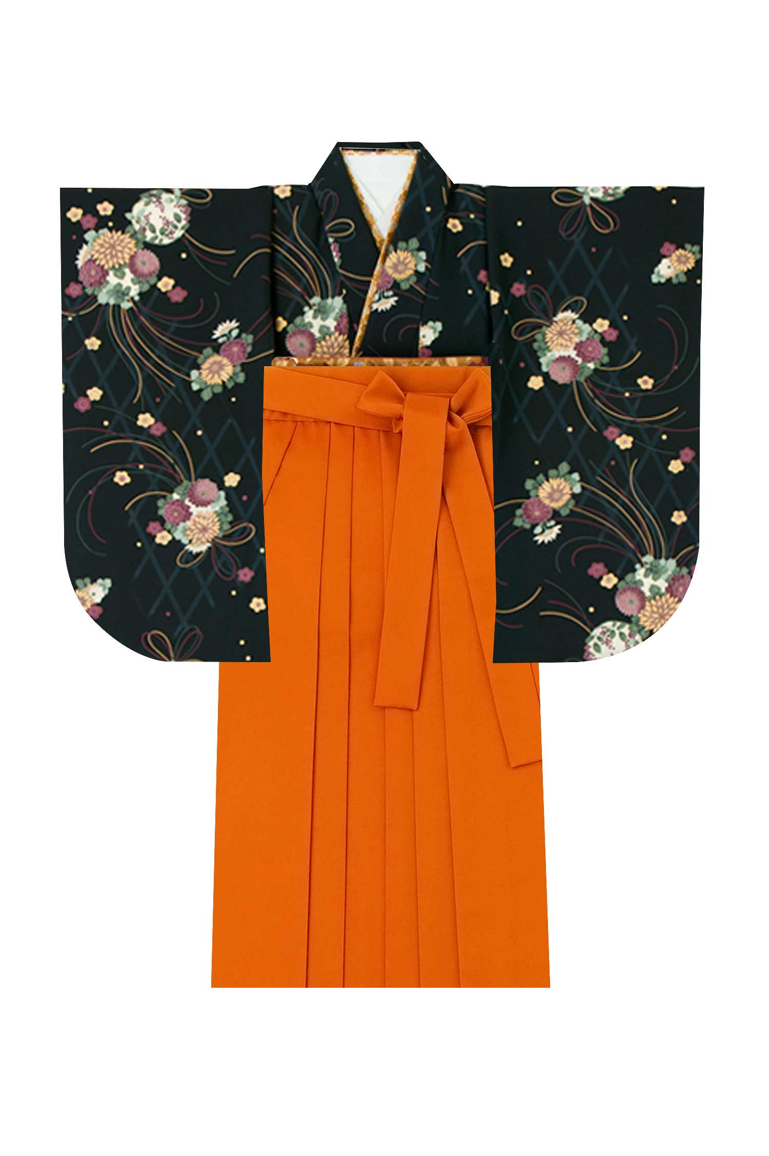 レンタル袴&着物 「黒 レトロ菊」&「オレンジ 無地」 | 小振袖・丸昌