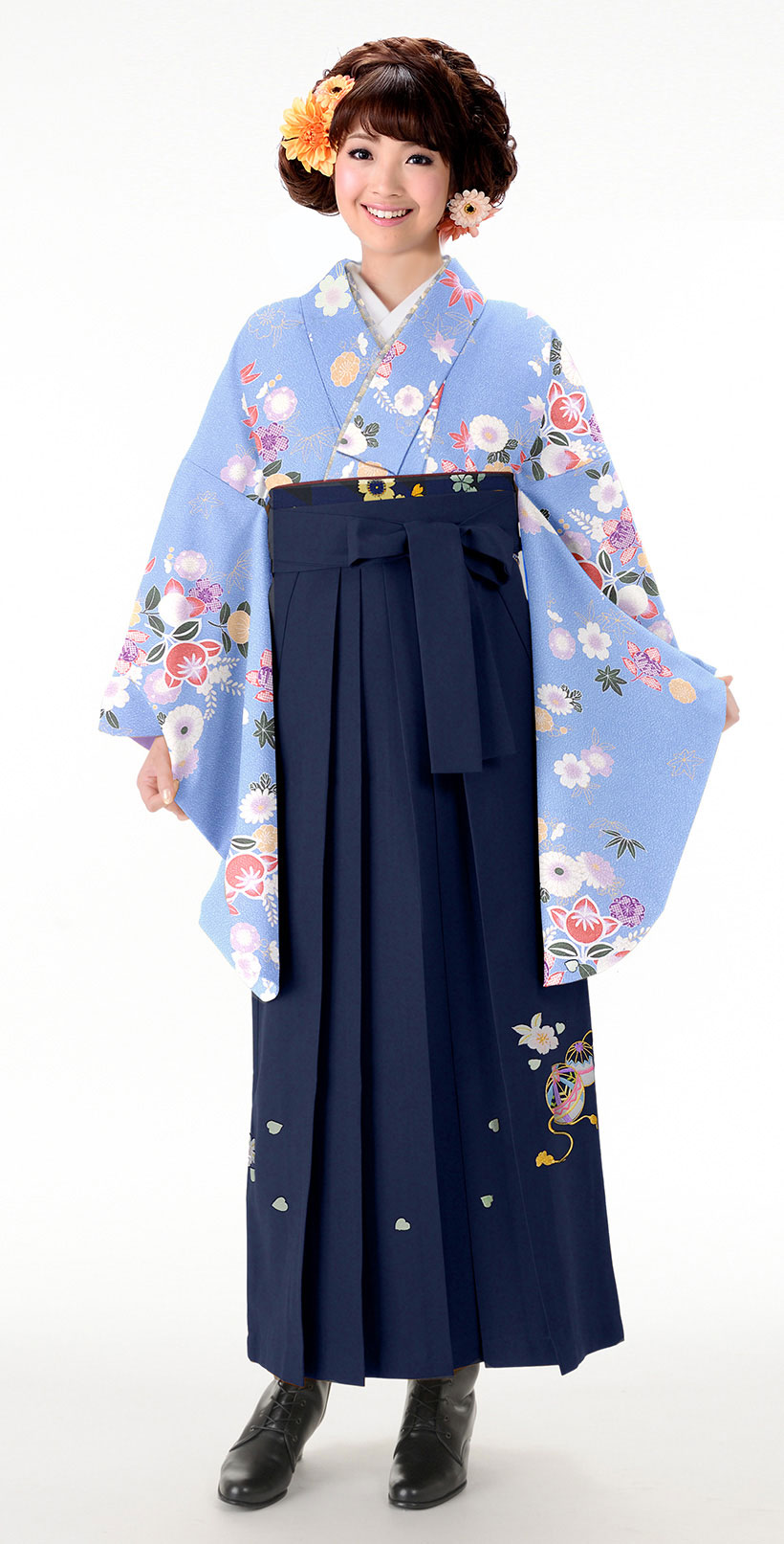 レンタル袴 着物 水色 たちばな 紺 手まり刺しゅう 丸昌オリジナル 小振袖 レトロライン 袴レンタルは晴れ着の丸昌 卒業時装 卒業袴 ハカマ 全国宅配送料無料