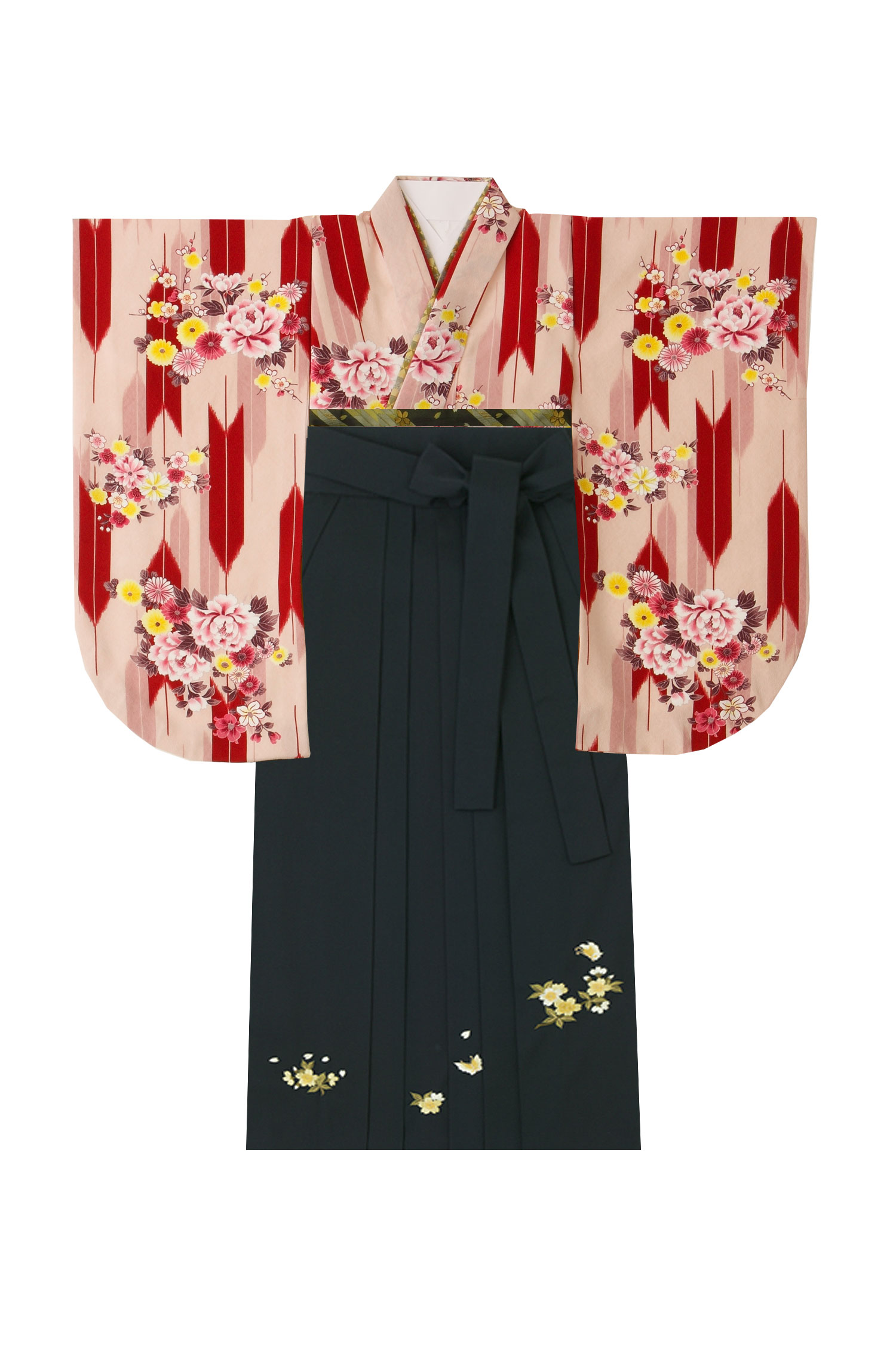 レンタル袴&着物 「ベージュ 花矢がすり」&「黒 桜蝶刺しゅう